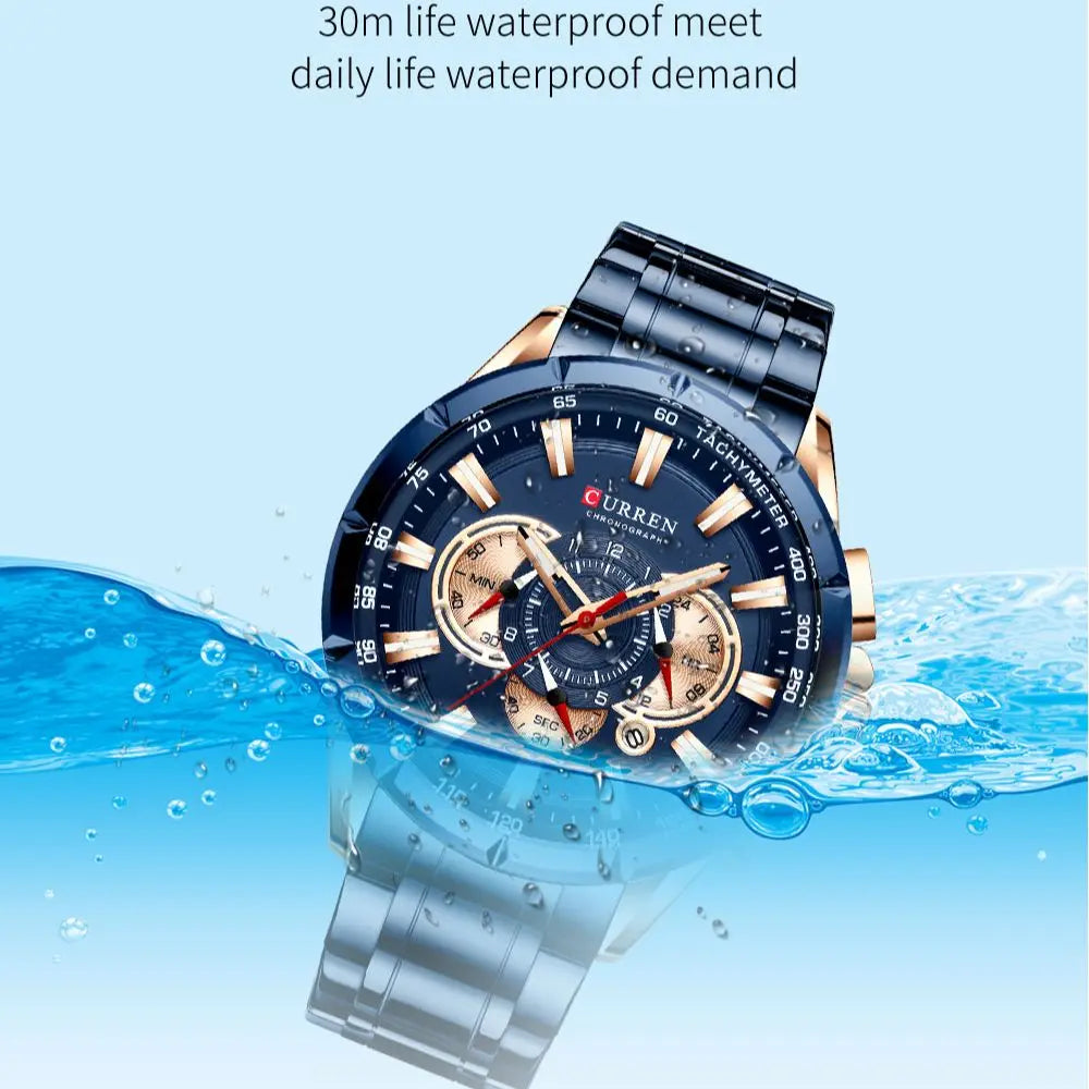 CURREN Men's Luxury Multi-function Quartz Watch Man Stainless Steel Waterproof