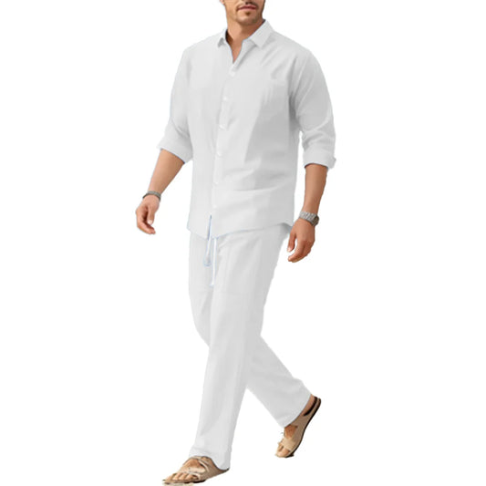 Spring/Summer New Men's Loose Comfortable Long-Sleeved Shirt and Pants Two-Piece Set