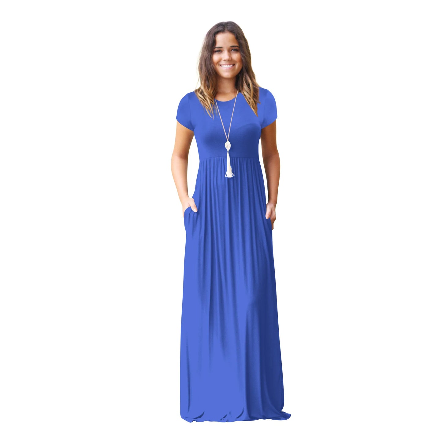 Women Summer Casual Plain Maxi Solid Dress Short Sleeve