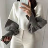 Women Neck Split Design Sleeve Lantern High Waist Short Kitted Sweater