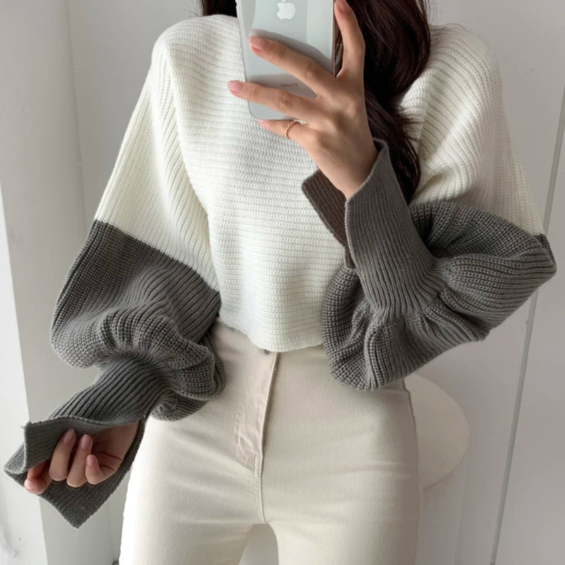 Women Neck Split Design Sleeve Lantern High Waist Short Kitted Sweater