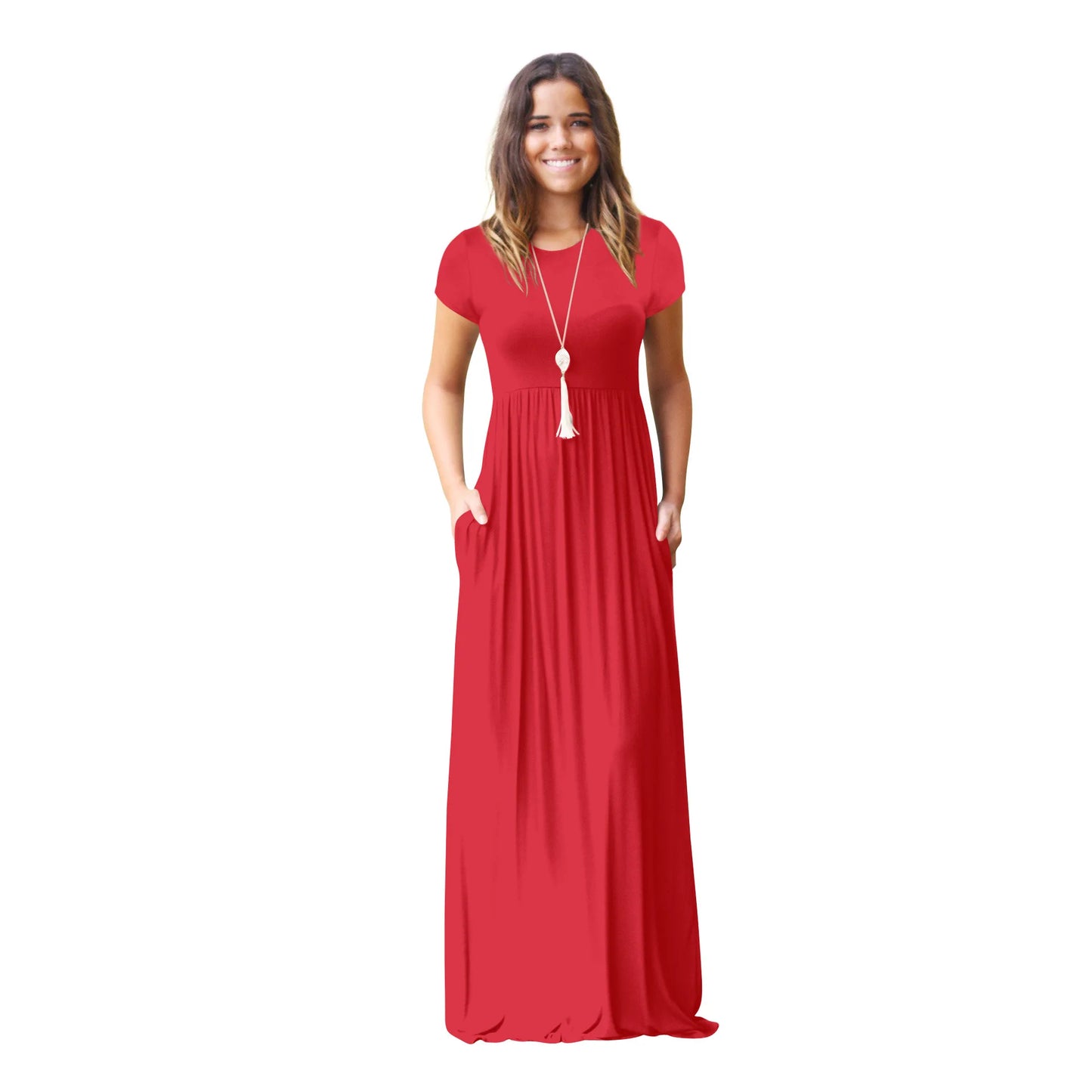 Women Summer Casual Plain Maxi Solid Dress Short Sleeve