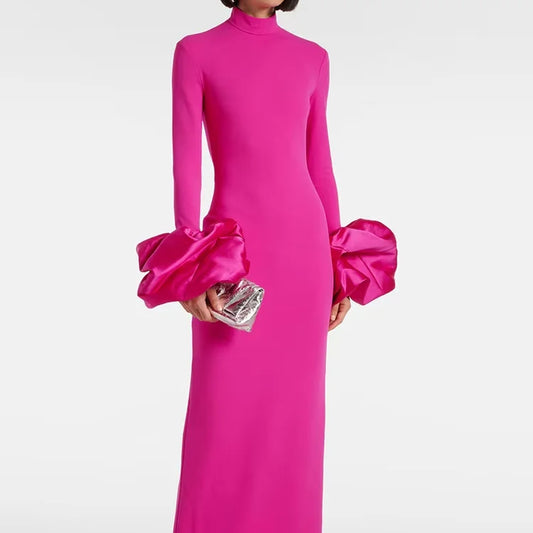 Elegant Pink High Neck Women Maxi Dress Spring Long Ruffle Sleeve Plus Size