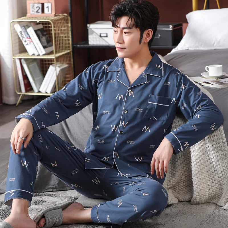High Quality Autumn Pajamas Mens Milk Silk Sleepwear Long Sleeve 2 Pieces Pajama Set Men Casual Style
