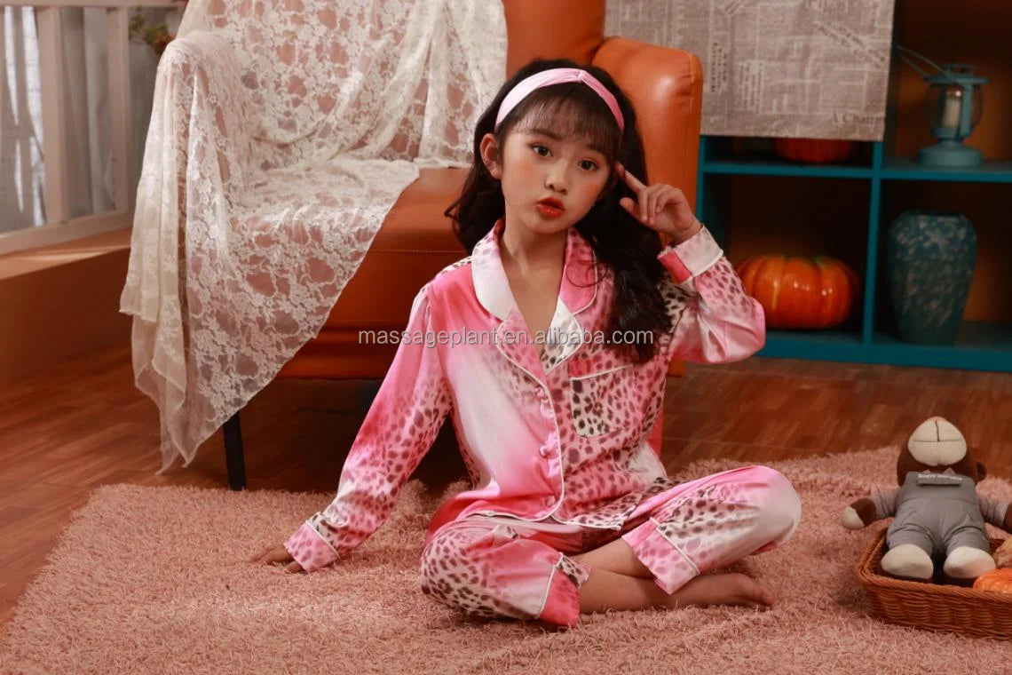 Family Kids Silk Pajamas New Fashion Stain High Quality Pink Leopard Pajamas With Headband