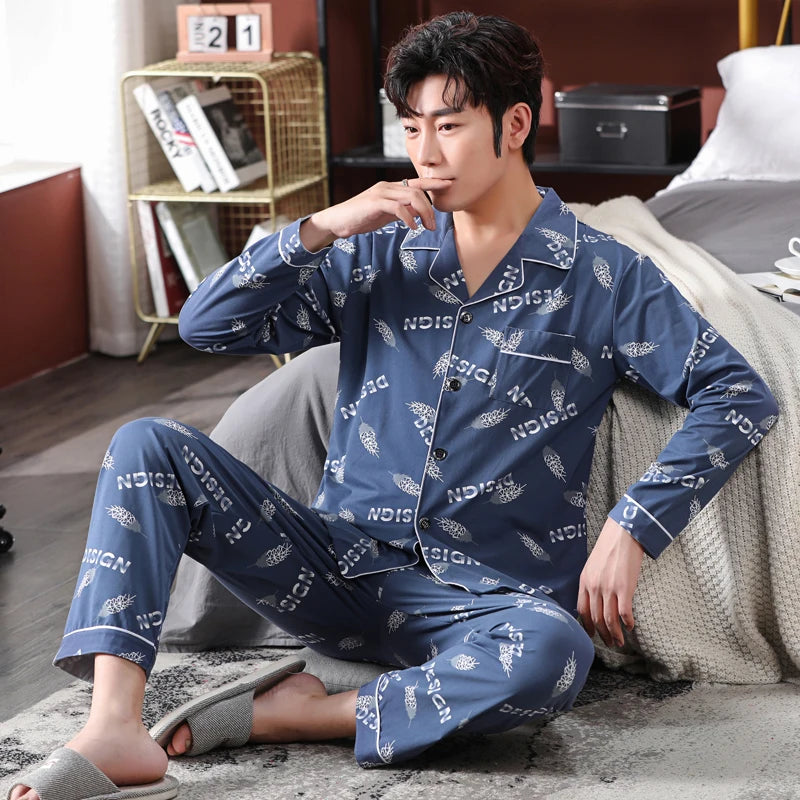 High Quality Autumn Pajamas Mens Milk Silk Sleepwear Long Sleeve 2 Pieces Pajama Set Men Casual Style