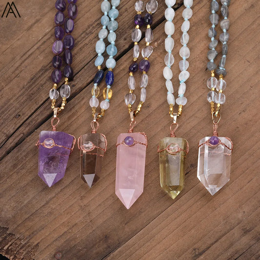 6-8mm Natural Quartz Crystal Point Pendant Natural Stone Beads Handmade Knot Long Necklace Multi Layer 32 Inch