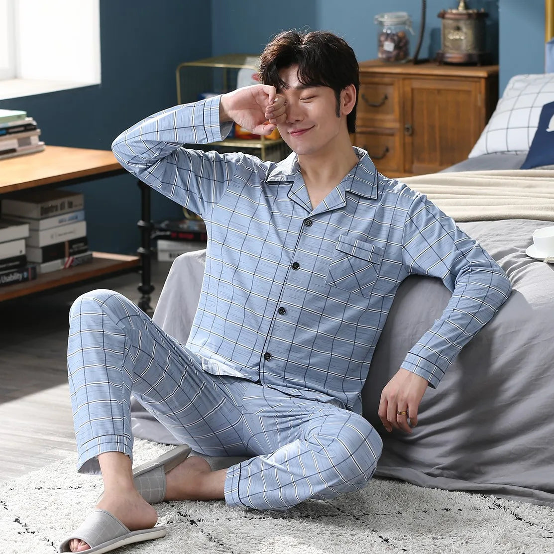 High Quality Autumn Pajamas Mens Milk Silk Sleepwear Long Sleeve 2 Pieces Pajama Set Men Casual Style