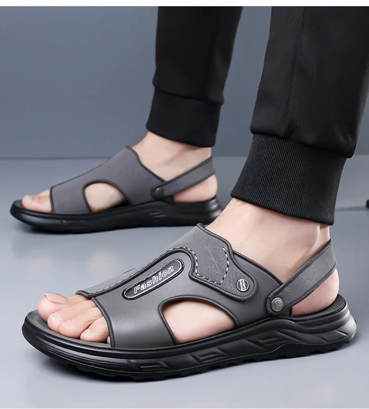 Xuanhui Men's Durable Non-Slip Flat Heel Sandals Thick Sole Breathable PU Insole Summer Beach Shoes