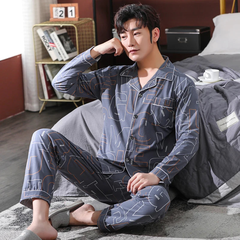 High Quality Autumn Pajamas Mens Milk Silk Sleepwear Long Sleeve 2 Pieces Pajama Set Men Casual Style