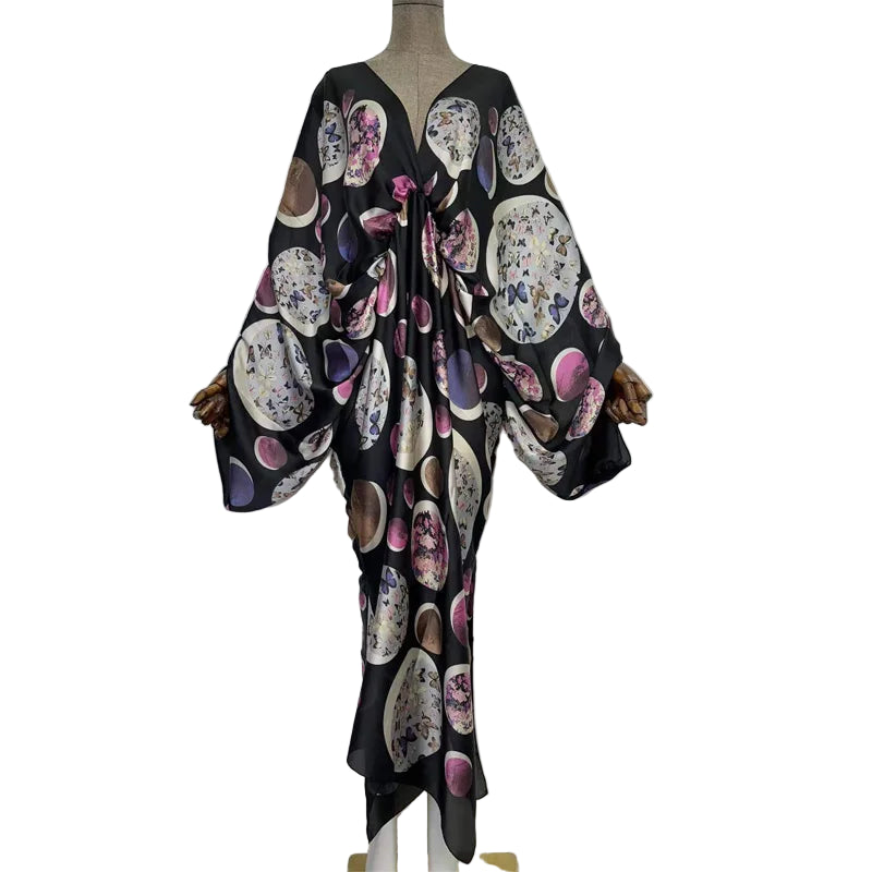 Sexy Silk Long Maxi Robe Women V-neck Bohemian Dress