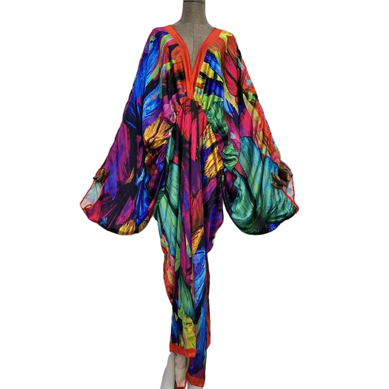 Sexy Silk Long Maxi Robe Women V-neck Bohemian Dress