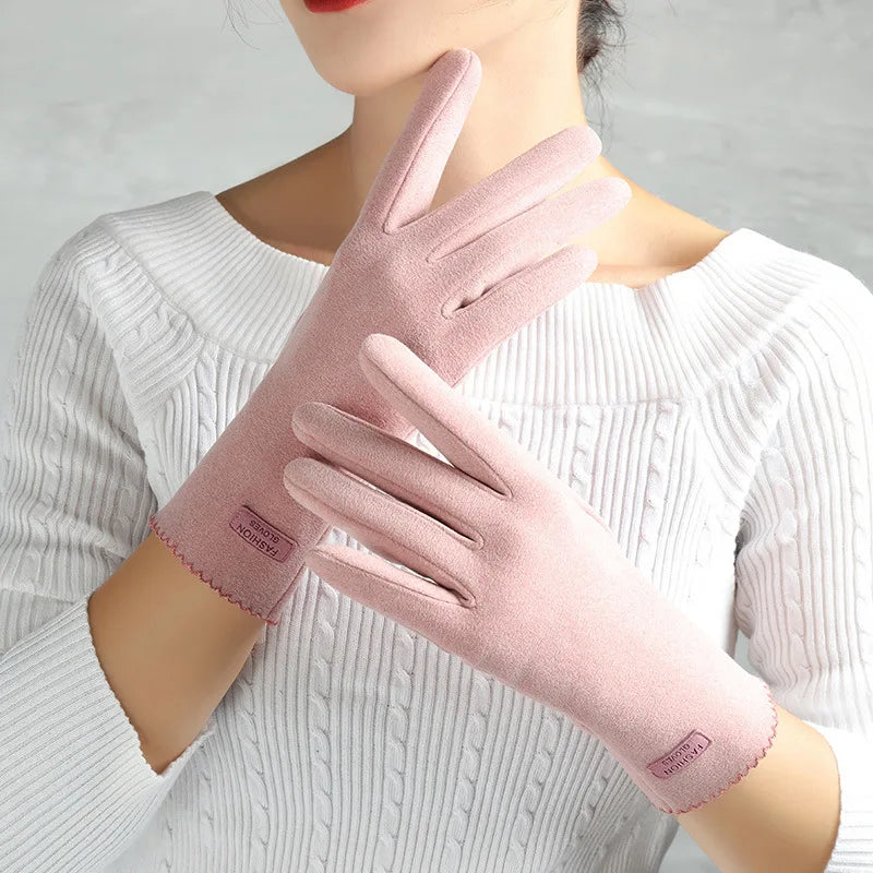 Women Slim Vintage Windproof Touch Screen Suede Winter Gloves