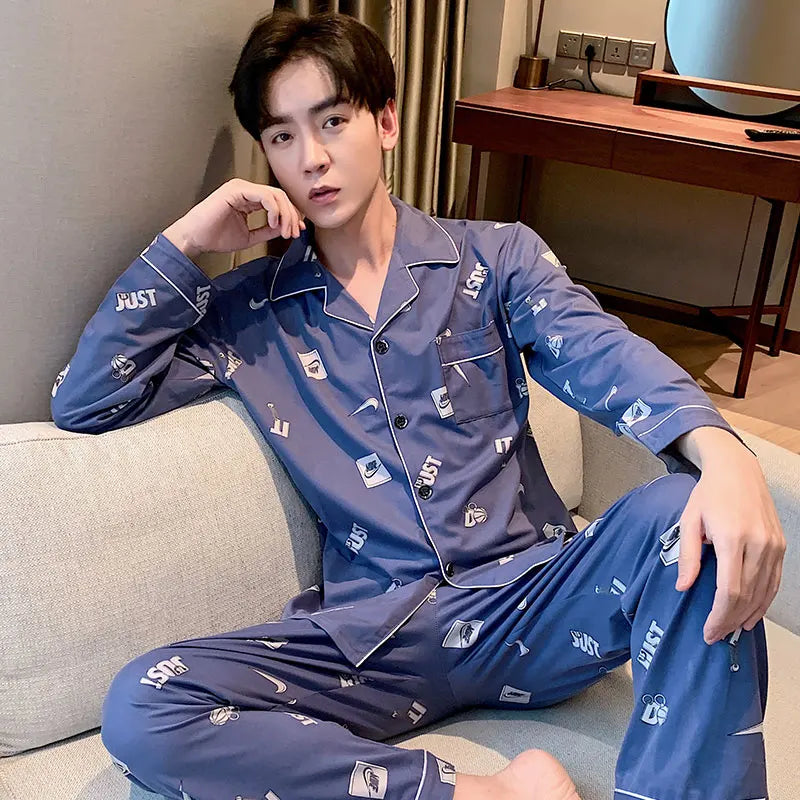 High Quality Autumn Pajamas Mens Milk Silk Sleepwear Long Sleeve 2 Pieces Pajama Set Men Casual Style
