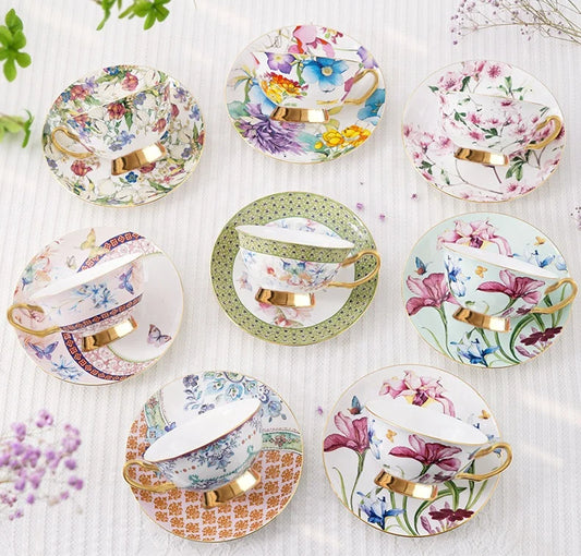 Floral Gold Fine Bone China Porcelain Tableware Coffee & Tea Set Cups and Saucers
