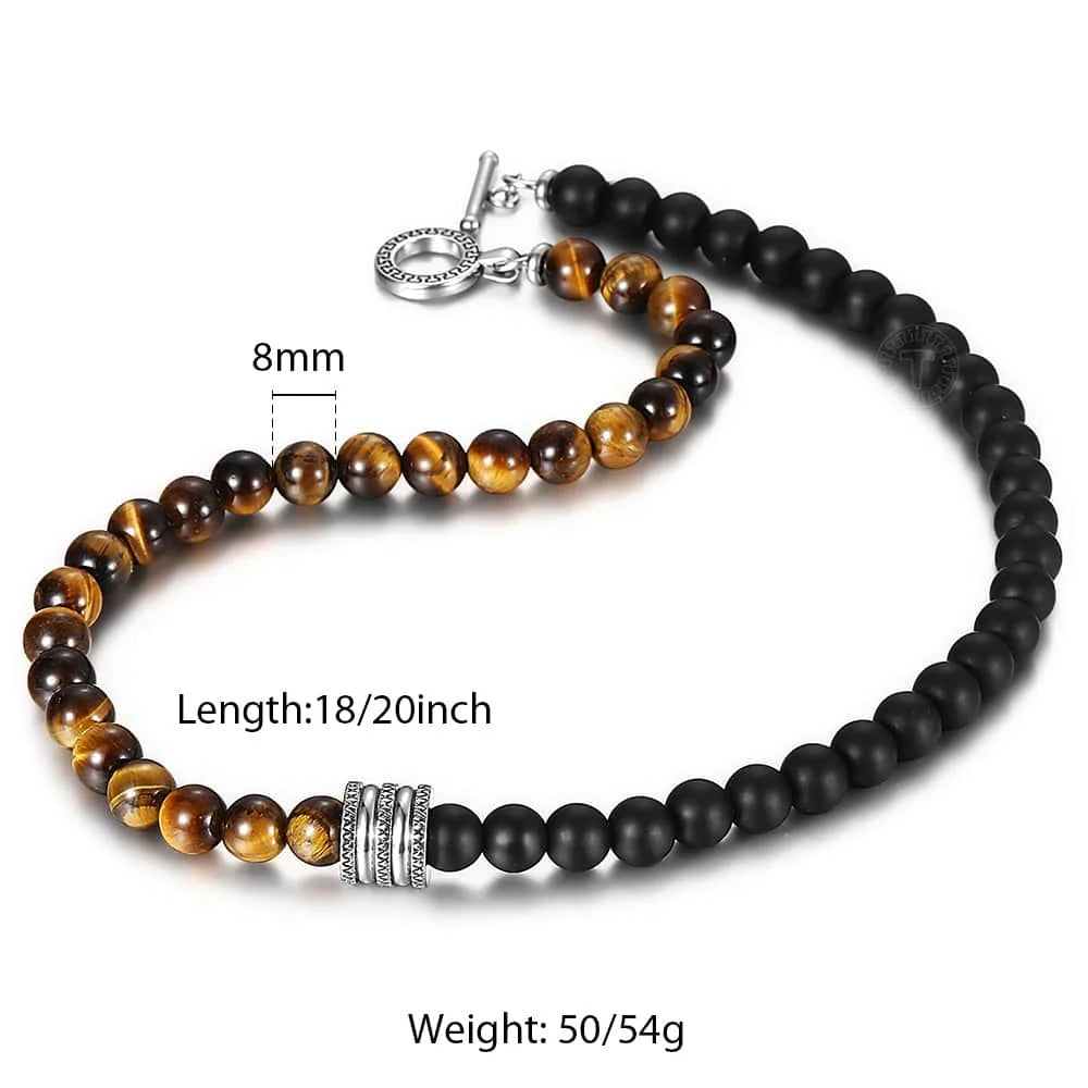 Natural Stone Tiger Eyes Lava Bead Men's Necklace Stainless Steel Beaded 8mm 18/20inch