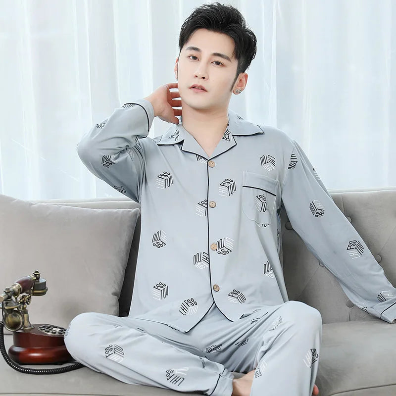 High Quality Autumn Pajamas Mens Milk Silk Sleepwear Long Sleeve 2 Pieces Pajama Set Men Casual Style