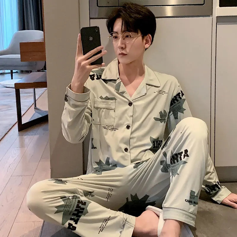 High Quality Autumn Pajamas Mens Milk Silk Sleepwear Long Sleeve 2 Pieces Pajama Set Men Casual Style