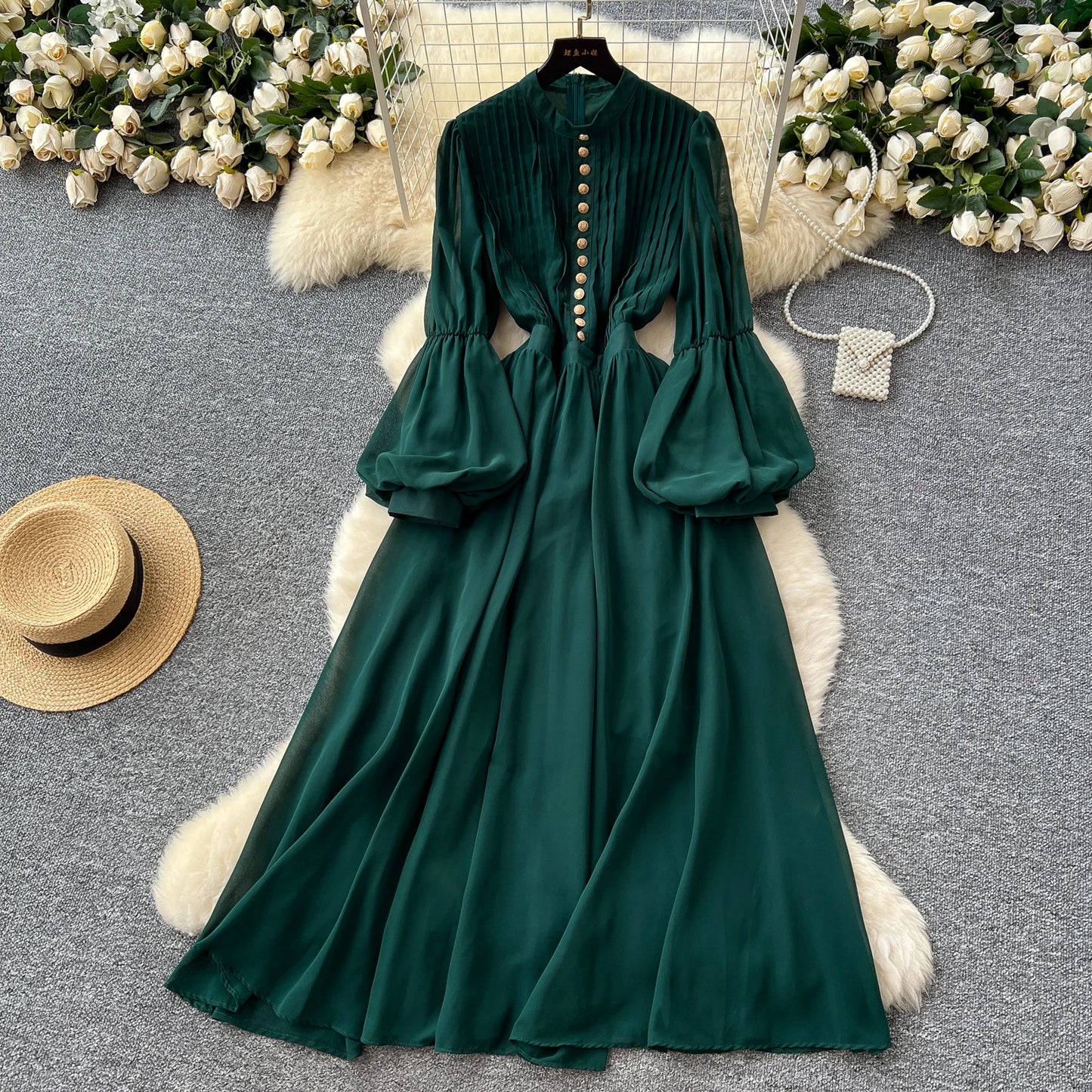 Spring Vintage Tunic Slim Casual Midi Dress For Women Lantern Sleeve Empire Lace Dress