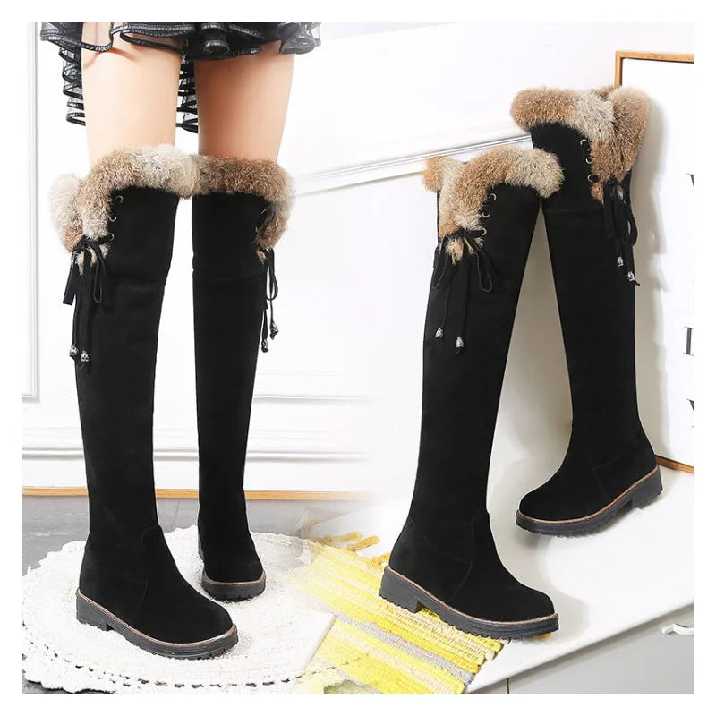 Women Warm Winter Snow Boots Shoes Suede Knee High Low heels Warm Fur