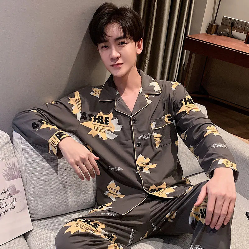 High Quality Autumn Pajamas Mens Milk Silk Sleepwear Long Sleeve 2 Pieces Pajama Set Men Casual Style