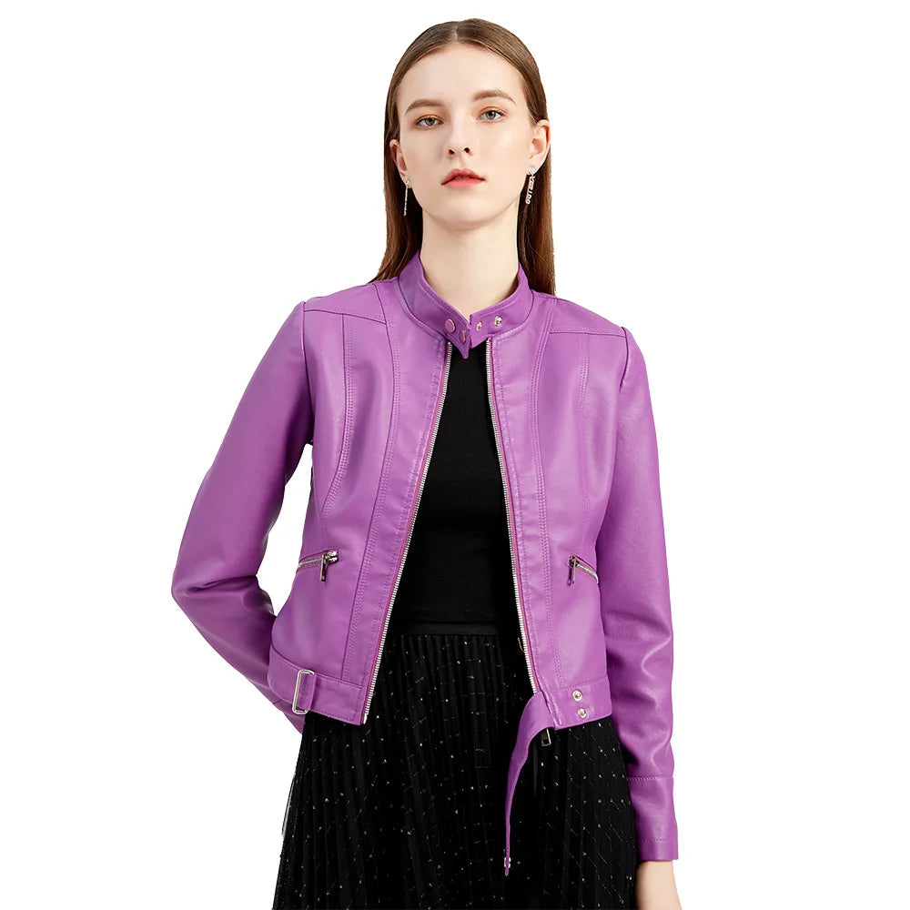 Women PU Leather Short Jacket With Belt Stand-up Collar Zipper Biker Coat