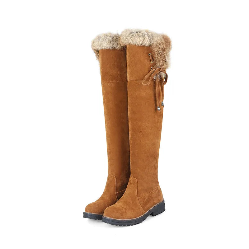 Women Warm Winter Snow Boots Shoes Suede Knee High Low heels Warm Fur