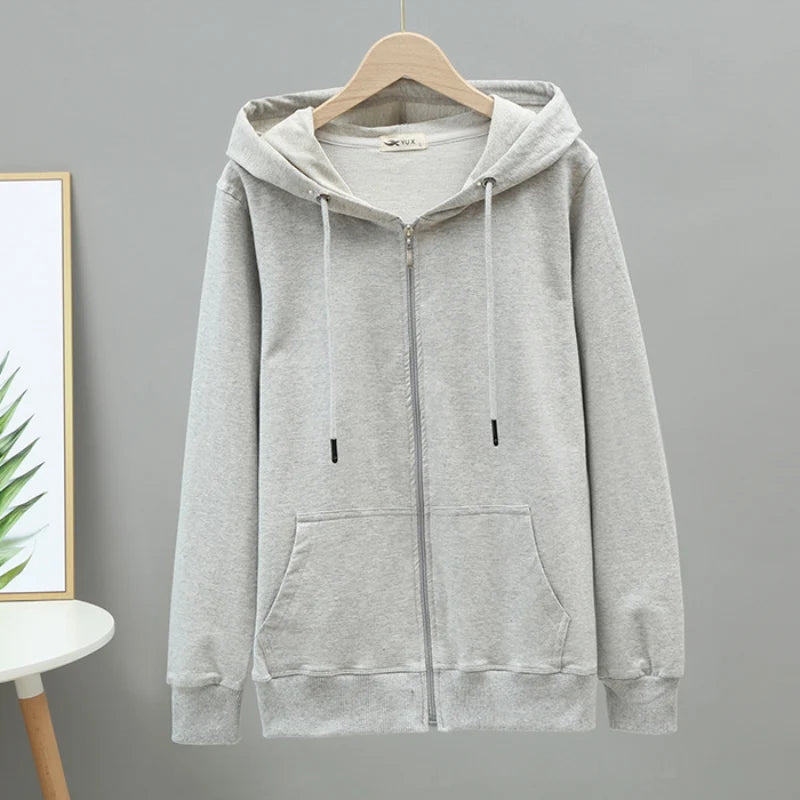 100% Cotton Women Hoodies Large Size Solid Zipper Casual Hooded Oversized Sweatshirt