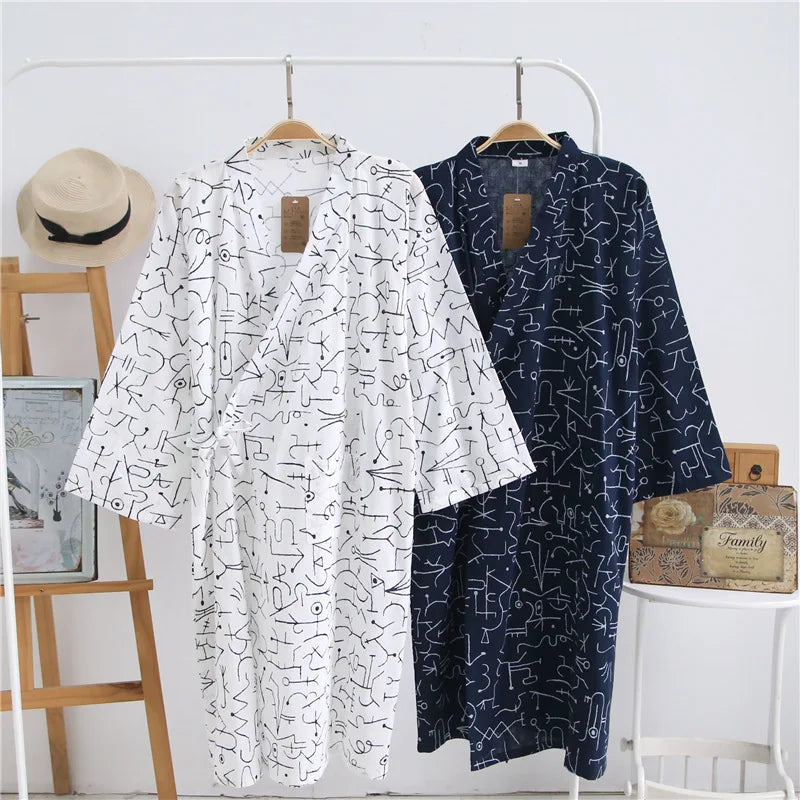 Summer Men's Robe 100% Cotton Gauze Leaf Loose Comfortable Leaves Kimono Robes home clothing nightly Bathrobes