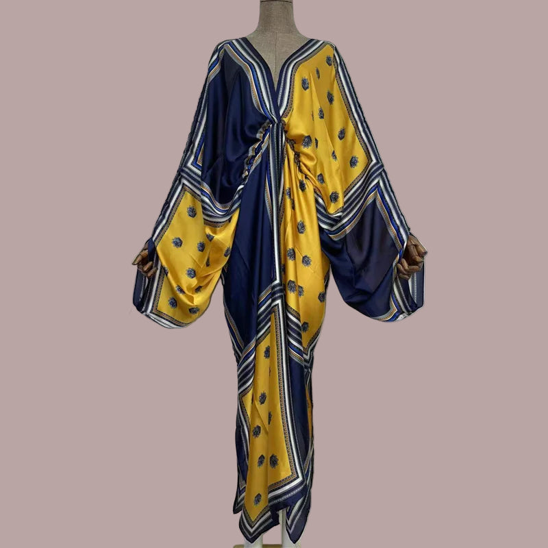 Sexy Silk Long Maxi Robe Women V-neck Bohemian Dress