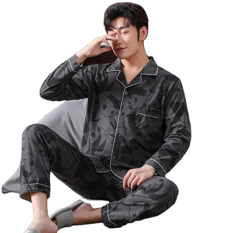 High Quality Autumn Pajamas Mens Milk Silk Sleepwear Long Sleeve 2 Pieces Pajama Set Men Casual Style