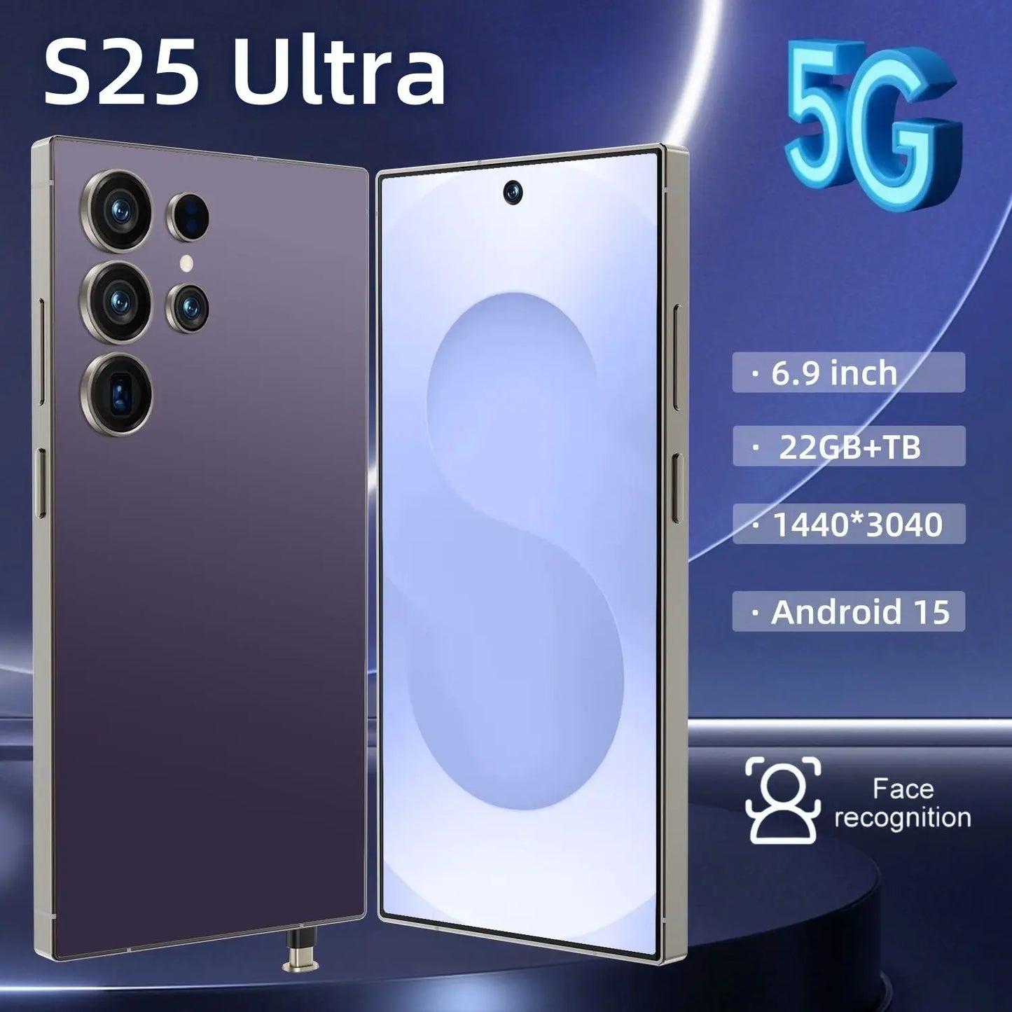 2025 S25 Ultra 5G Smartphone Dual SIM Full HD 6.9 Inch Display Face Recognition 22GB+2TB Android 15 100W Quick Charge Multilingual