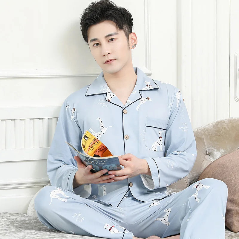 High Quality Autumn Pajamas Mens Milk Silk Sleepwear Long Sleeve 2 Pieces Pajama Set Men Casual Style