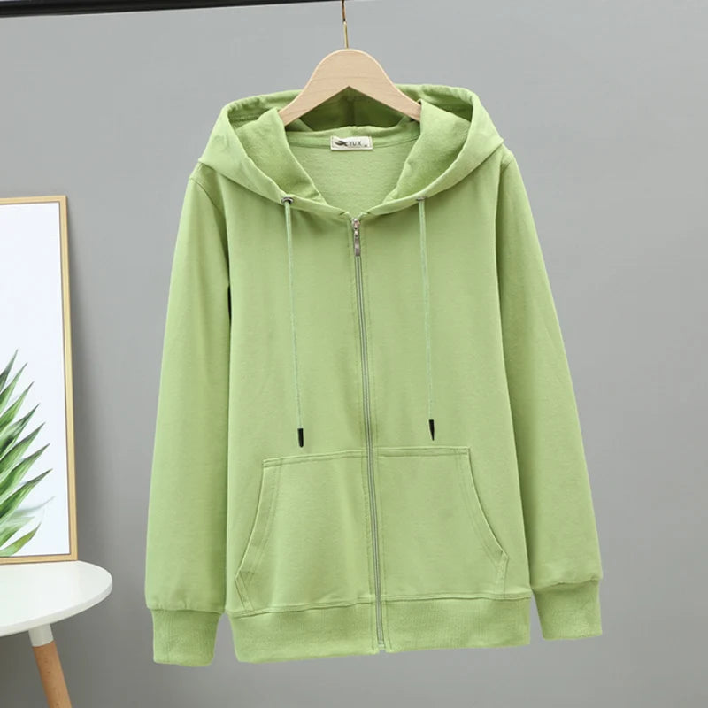 100% Cotton Women Hoodies Large Size Solid Zipper Casual Hooded Oversized Sweatshirt
