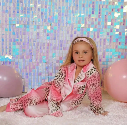 Family Kids Silk Pajamas New Fashion Stain High Quality Pink Leopard Pajamas With Headband