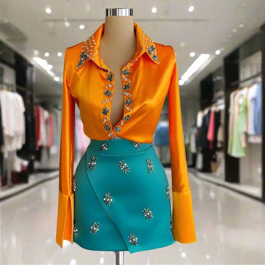 Haute Couture Two Piece Cocktail Outfit Long Sleeves Fashion Rhinestones [More Colors]