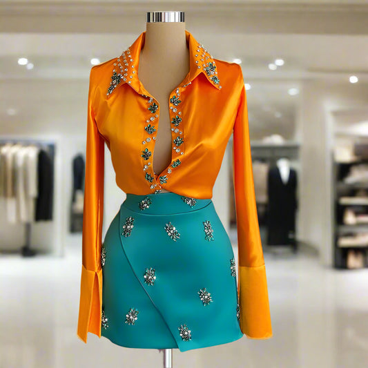 Haute Couture Two Piece Cocktail Set Long Sleeves Fashion Rhinestones