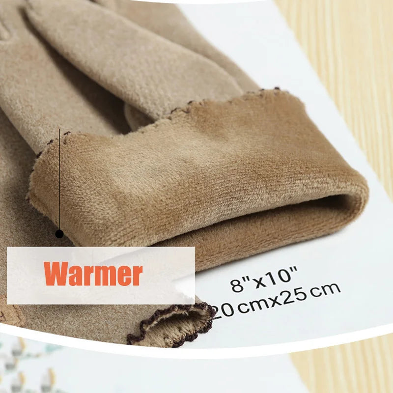 Women Slim Vintage Windproof Touch Screen Suede Winter Gloves