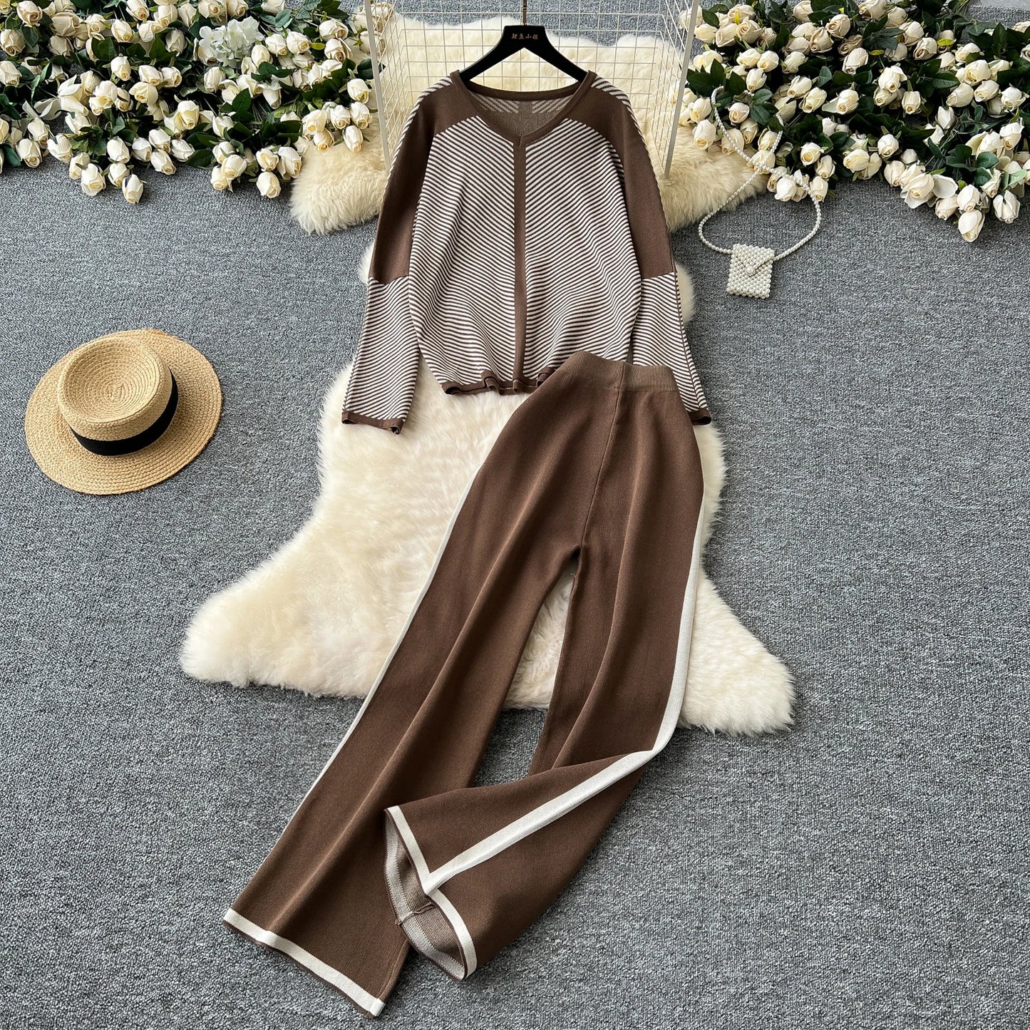 Women Knitted V-Neck Sweater and Pants High Waist Jogging Suits