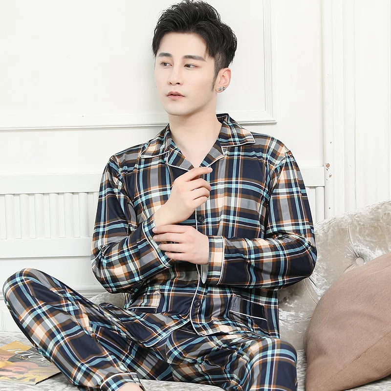 High Quality Autumn Pajamas Mens Milk Silk Sleepwear Long Sleeve 2 Pieces Pajama Set Men Casual Style
