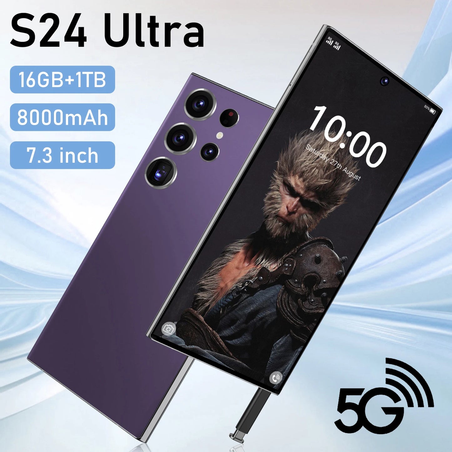 S24 Ultra 16GB+1TB Smart Android 8000mAh 5G Dual SIM Dual Standby Unlocked Smartphone Quad Core CPU HD 65W 16GB+512GB English