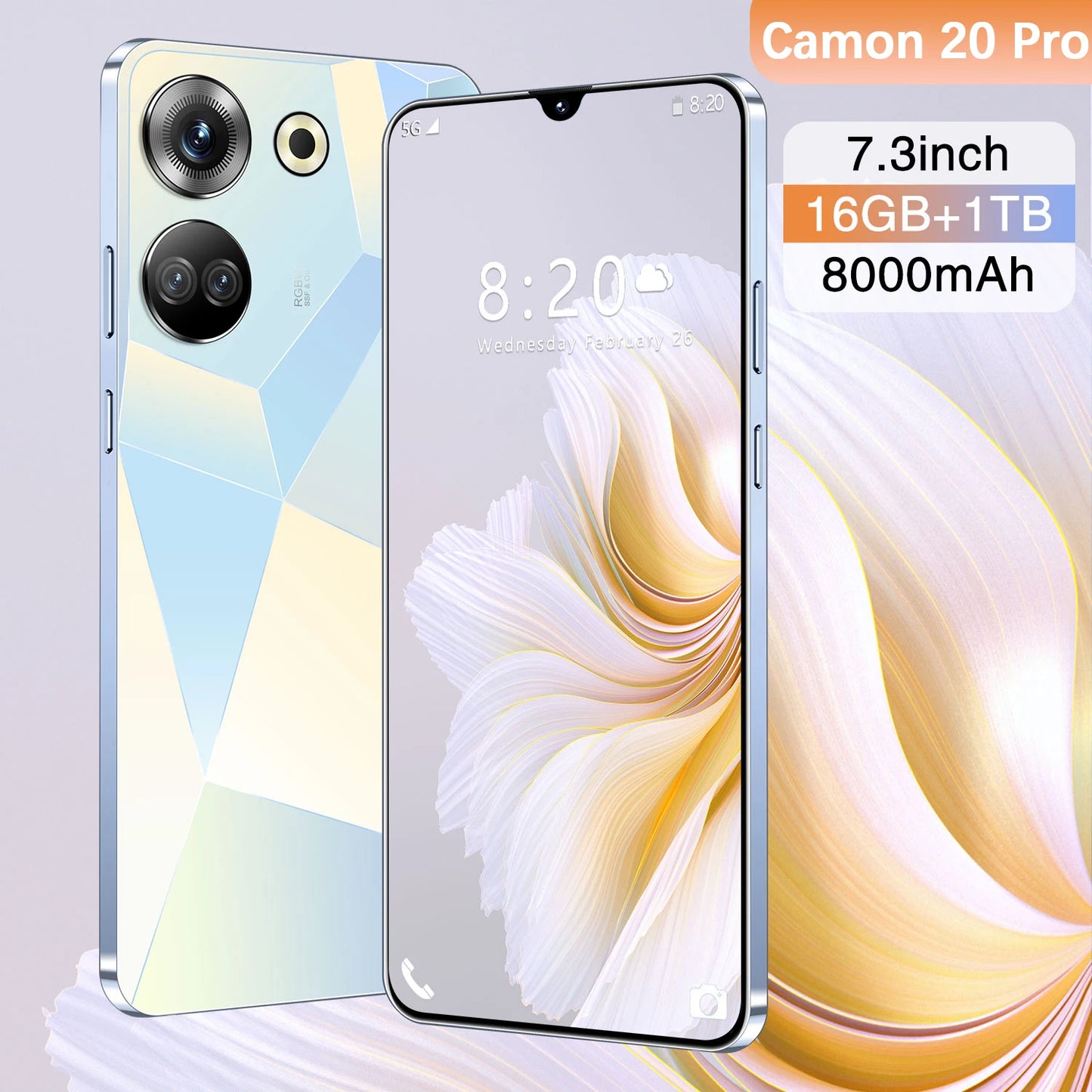 Latest Style Camon 20 Pro Android 13 5G Smartphone 7.3-inch HD Screen 50MP+108MP Camera 16GB+1TB Storage MTK Processor