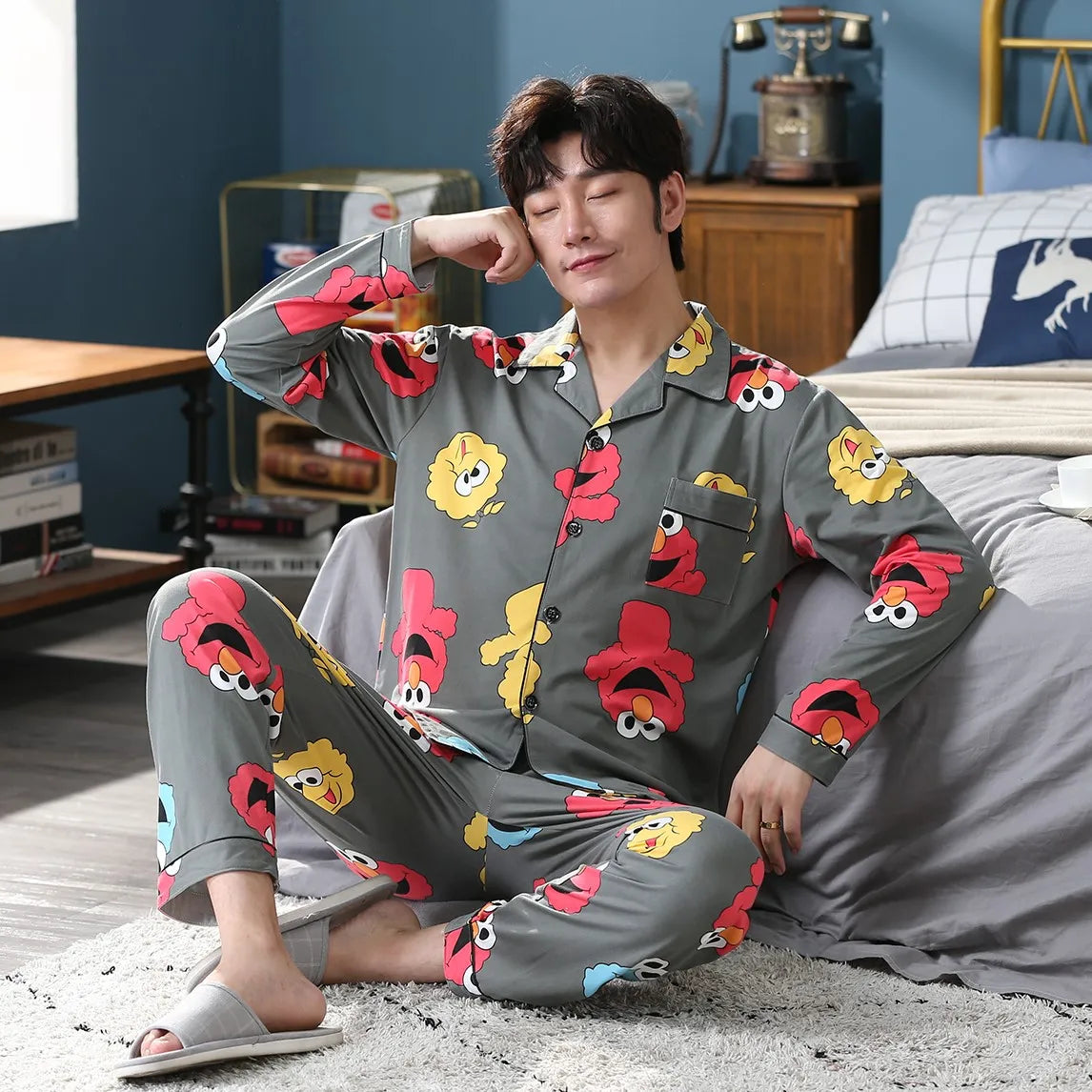 High Quality Autumn Pajamas Mens Milk Silk Sleepwear Long Sleeve 2 Pieces Pajama Set Men Casual Style