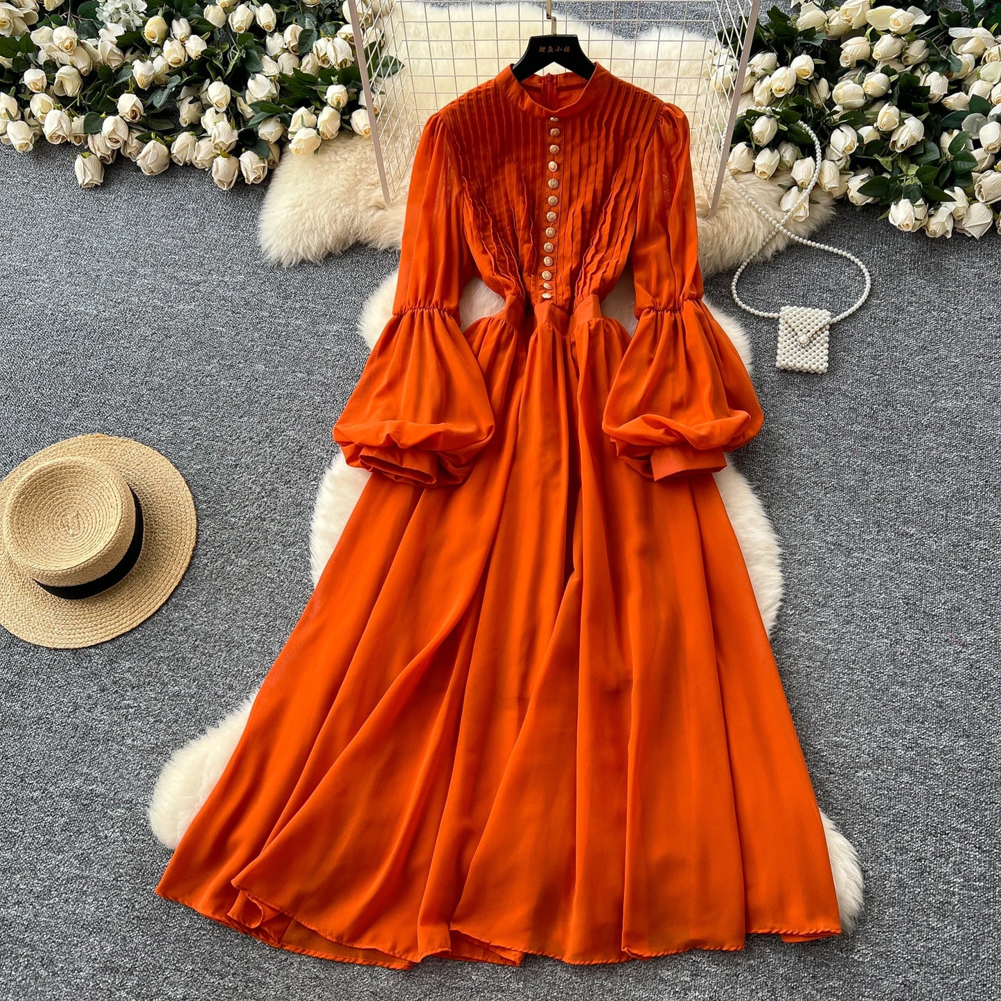 Spring Vintage Tunic Slim Casual Midi Dress For Women Lantern Sleeve Empire Lace Dress