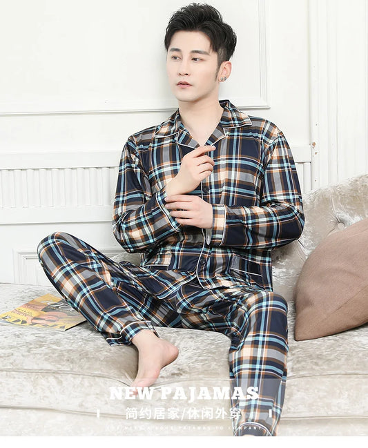 High Quality Autumn Pajamas Mens Milk Silk Sleepwear Long Sleeve 2 Pieces Pajama Set Men Casual Style