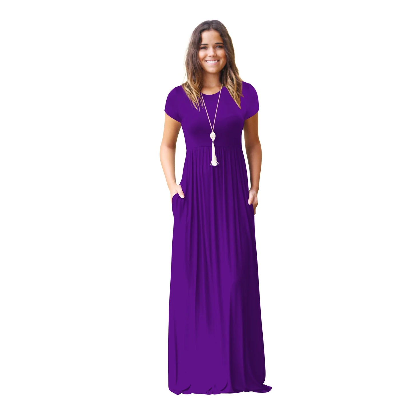 Women Summer Casual Plain Maxi Solid Dress Short Sleeve