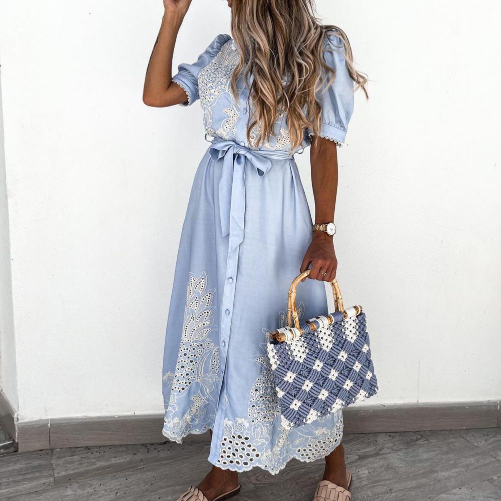 Elegant Embroidered Women Maxi Dress Chic Lapel Long Sleeve High Waist Lace Up Dresses