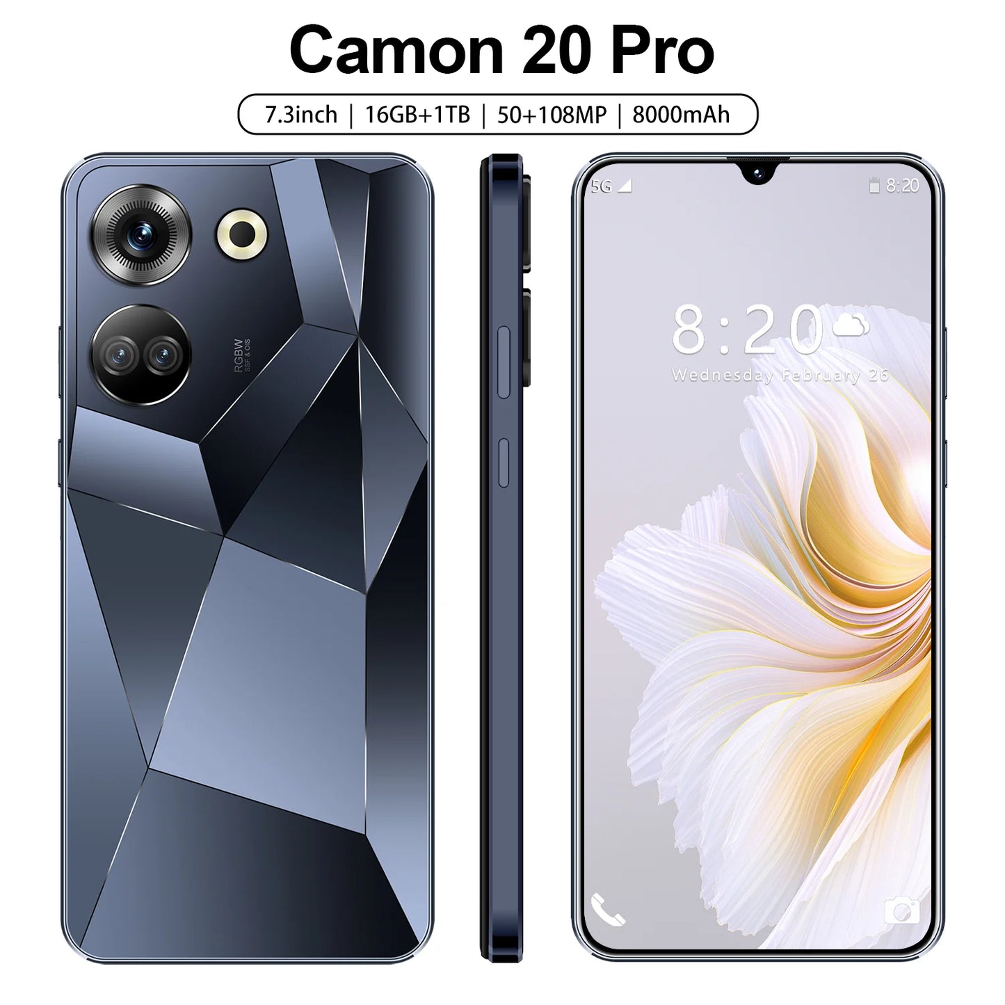 New Arrival Camon 20 Pro 5G Smartphone 7.3-inch HD Large Screen 1TB Storage 16GB RAM Dual SIM Card Mobile Phone