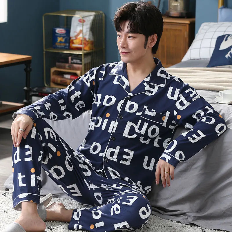 High Quality Autumn Pajamas Mens Milk Silk Sleepwear Long Sleeve 2 Pieces Pajama Set Men Casual Style