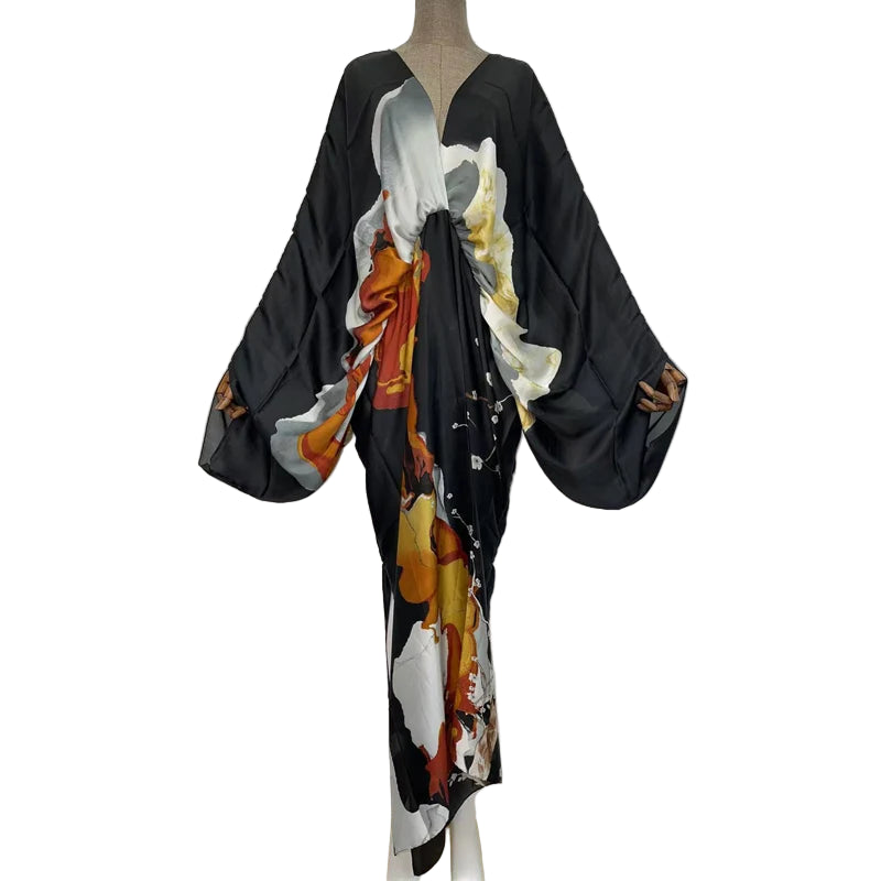 Sexy Silk Long Maxi Robe Women V-neck Bohemian Dress